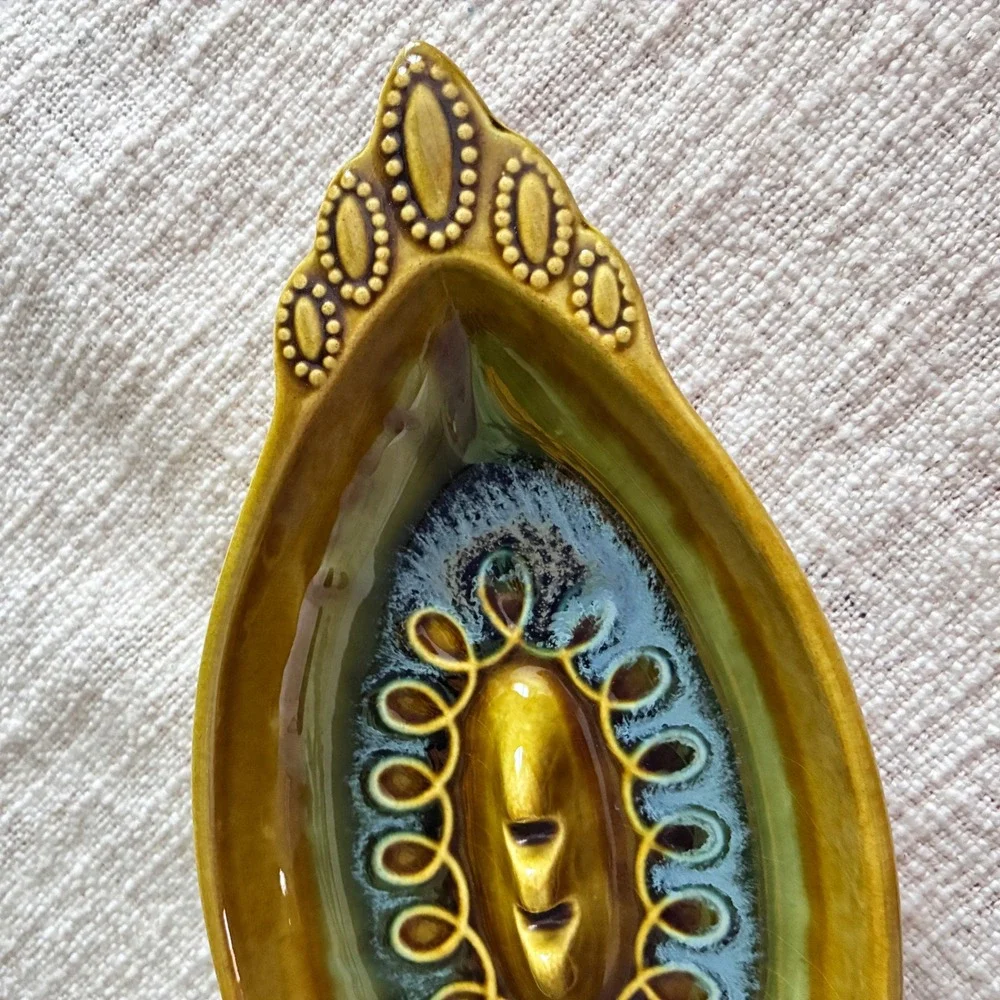 Vintage 1960s Ashtray Olive Green Blue Drip Glaze MCM Calif Pottery USA E9-11